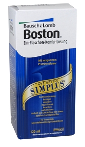 Bausch & Lomb Boston SIMPLUS 120 ml (Bausch & Lomb, 5015) Kombilösung für formstabile, harte Kontaktlinsen
 
- mit integriertem Proteinentferner: löst über Nacht Proteine ab
- Poloxamin entfernt wirksam Schmutz und Ablagerungen
- Desinfektionssystem entfernt Mikroorganismen
- Zwei-Komponenten-Feuchtigkeitsdepot sorgt für eine vollständige Benetzung der Kontaktlinse und damit für ein komfortables Tragegefühl direkt nach dem Einsetzen der Linse