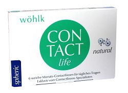 Wöhlk Contact.life, 6er-Pack (Wöhlk) Weiche Kontaktlinsen für den monatlichen Austausch.
 
- hohe Wasserbindung
- auch für trockenere und empfindlichere Augen geeignet
- hohe Reißfestigkeit
- integrierter UV-Schutz
- goßer Lieferbereich
- gleichbleibende Sehschärfe auch bei längeren Tragezeiten durch optimale Wasserbindung
  
Tragemodus: Tagestragen
 
Verträglichkeitstests: halbjährlich
